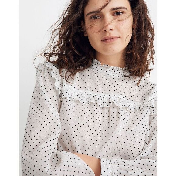 Madewell Mockneck Ruffle Top in Flocked Dot‎ Size S - Picture 2 of 14